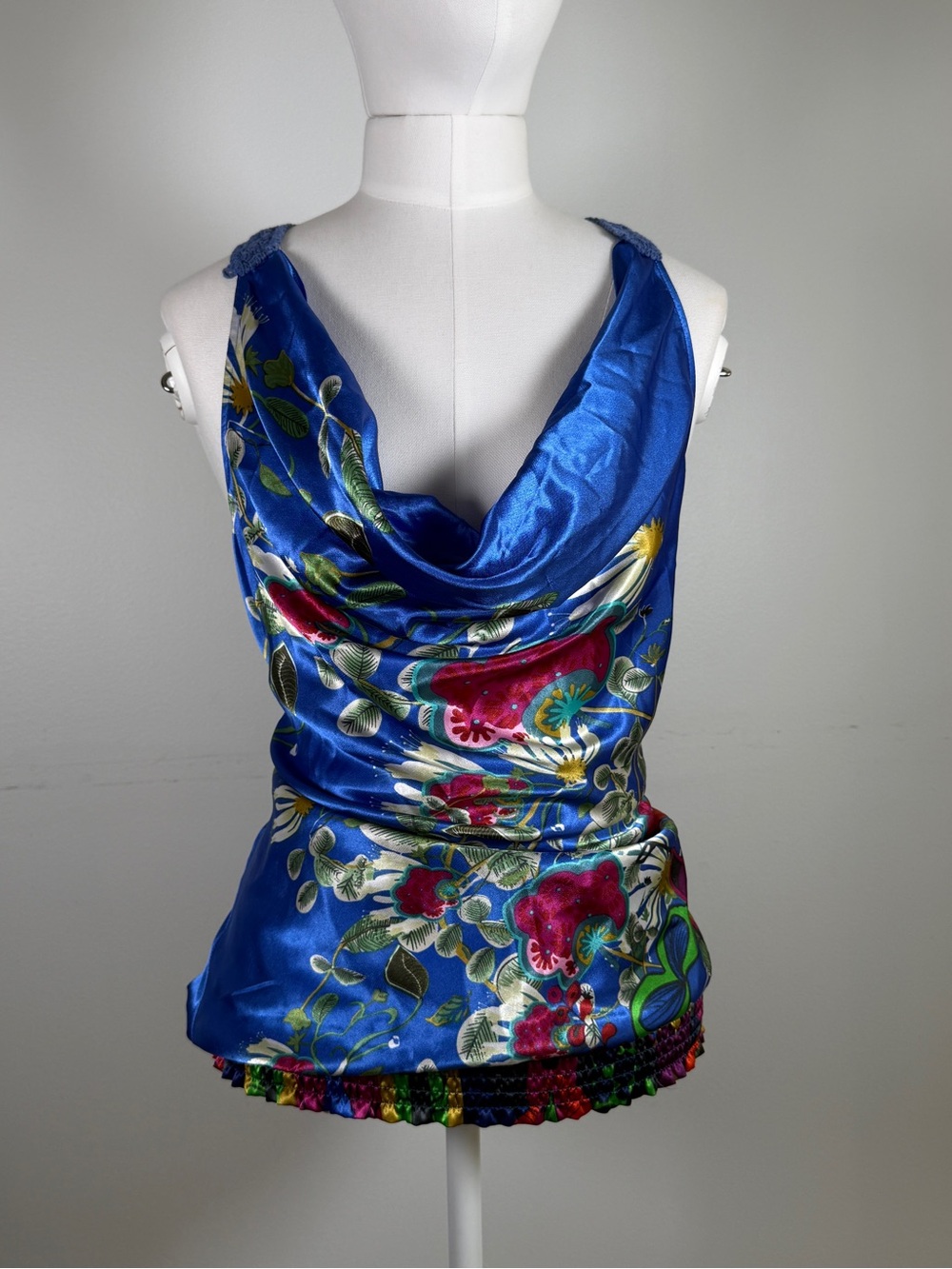 Vintage y2k Desigual Royal Blue Floral Satin Cowl Neck Camisole